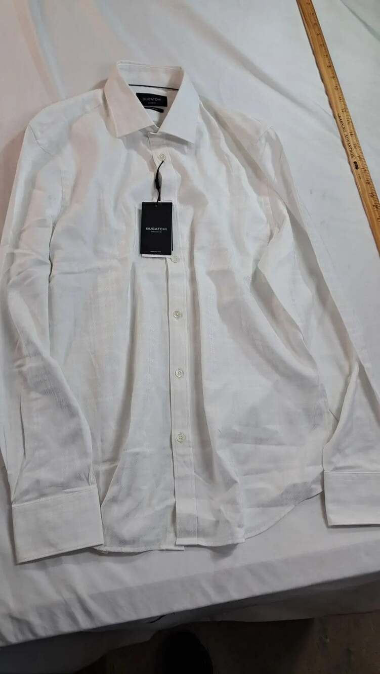 Bugatchi Men's Shaped Fit Stretch Dress Shirt Medium White Long Sleeve Button